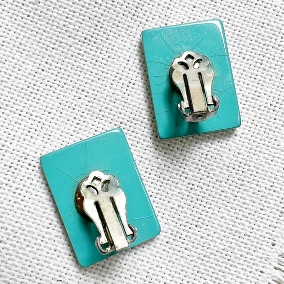 1950s VINTAGE Glitter Moons Aqua Lucite Clip Earrings - Picture 3 of 3